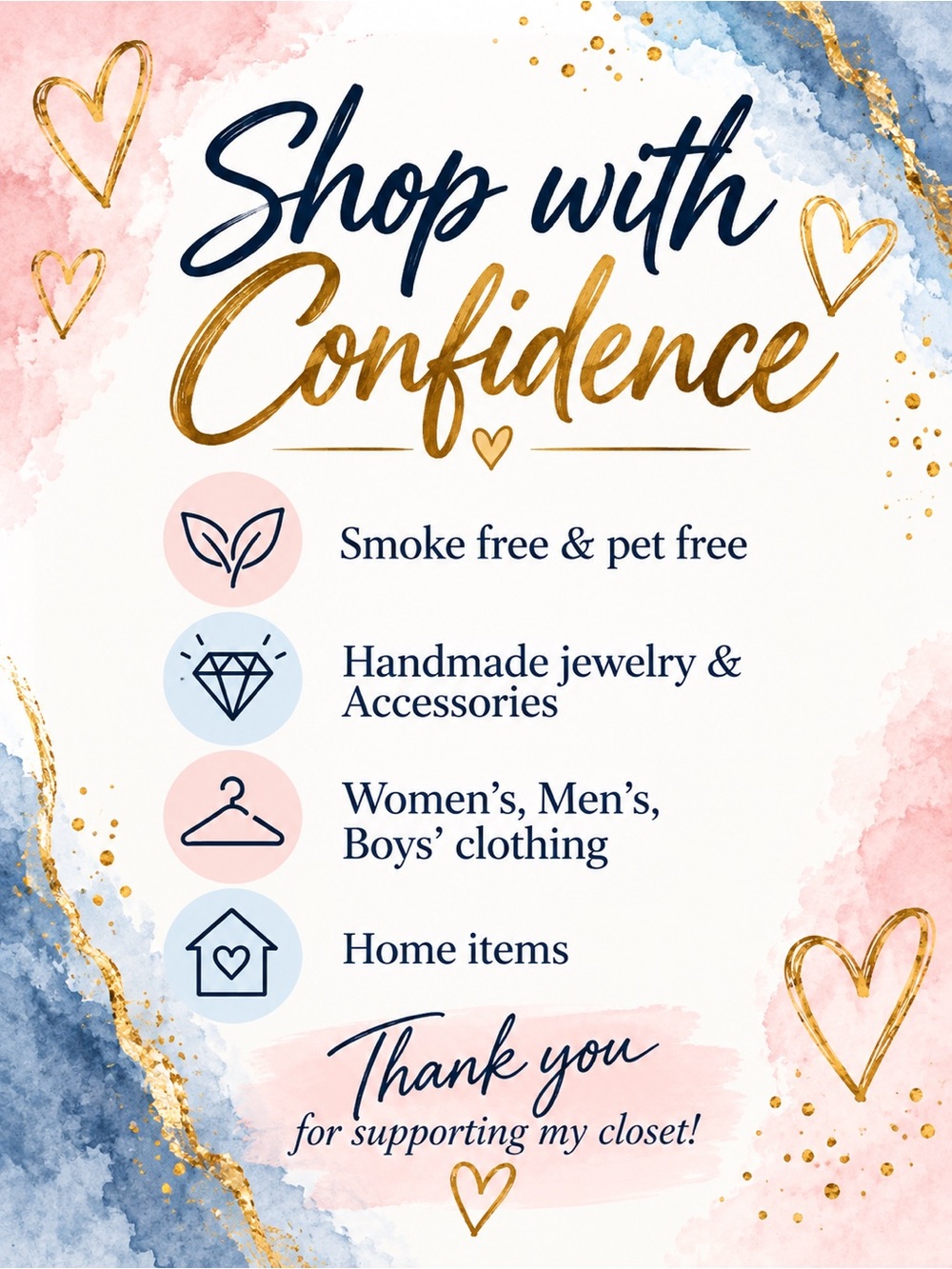 Smoke free & pet free closet selling women’s men’s children’s and home items